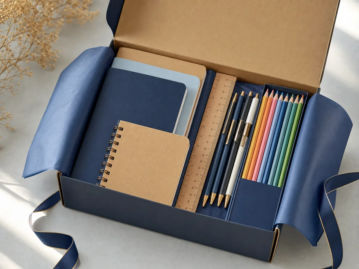 A packed stationery box, neatly organised with notebooks, pens and colouring pencils